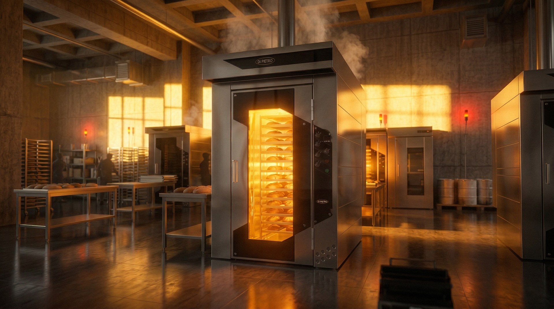 Horno a pleno, panadería iluminada